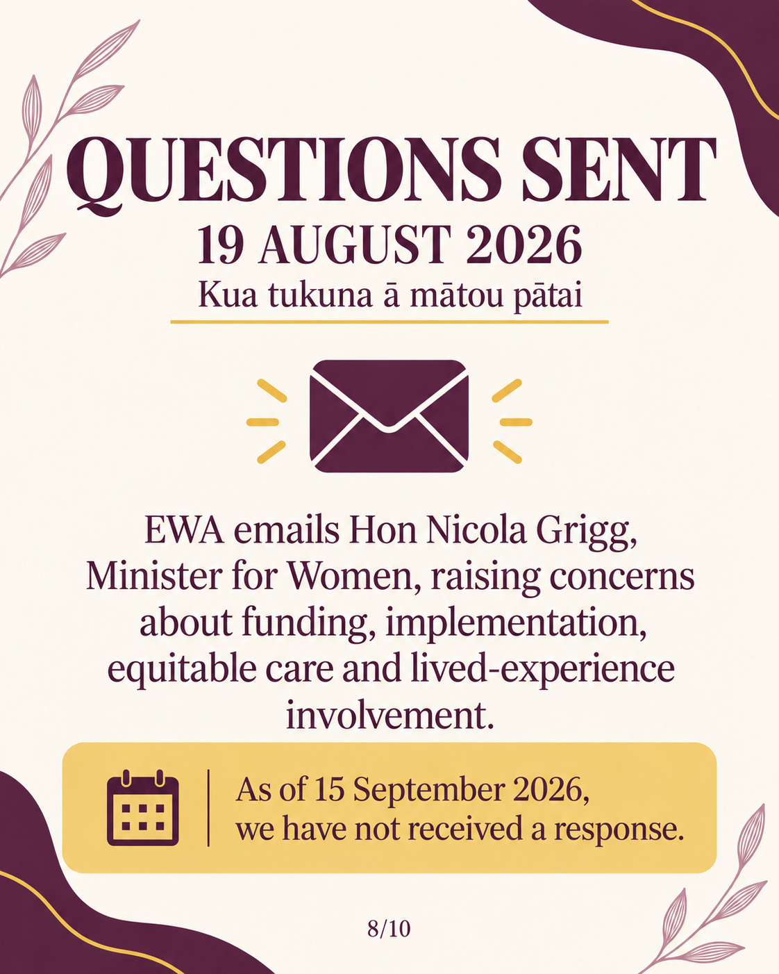 EWA questions sent to Hon Nicola Grigg.