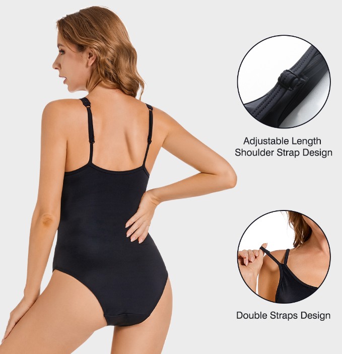 Back view of the black one-piece period swimwear with adjustable double straps