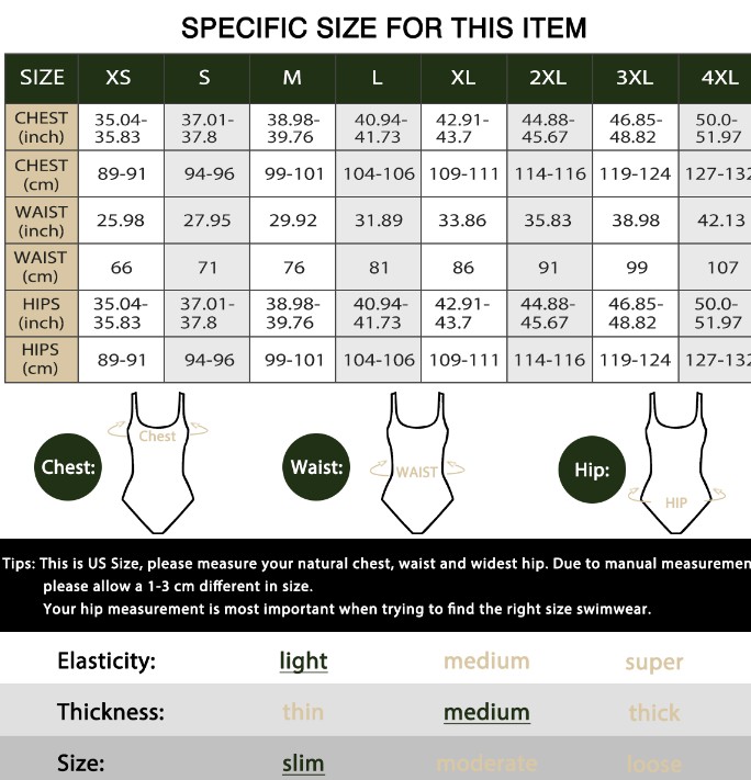Size guide for the one-piece period swimwear with chest, waist and hip measurements from XS to 4XL
